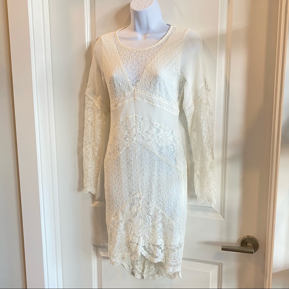 Off White Patchwork Lace Long Sleeve Bodycon Dress - image 3
